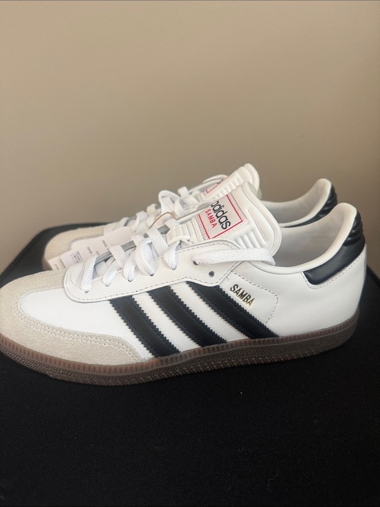 adidas Shoes - adidas Samba Sneakers in White with Black Stripes and Gum Sole
